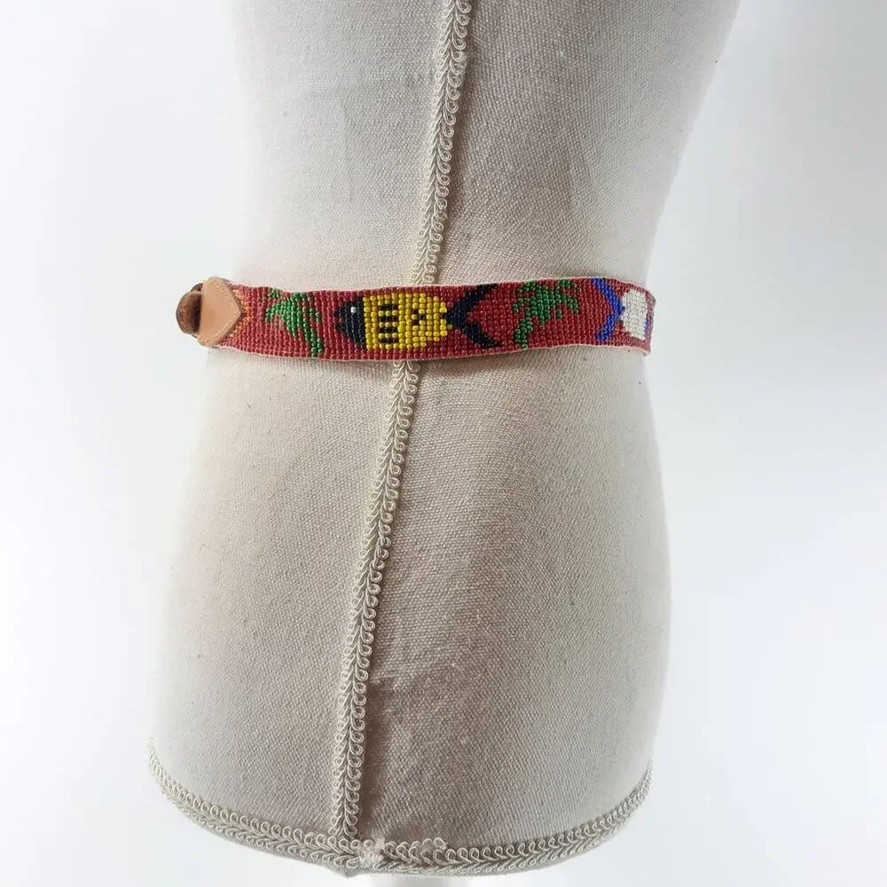 CDE Women's Beaded Fish Multicolored Belt Leather Boho Red White Blue size 28